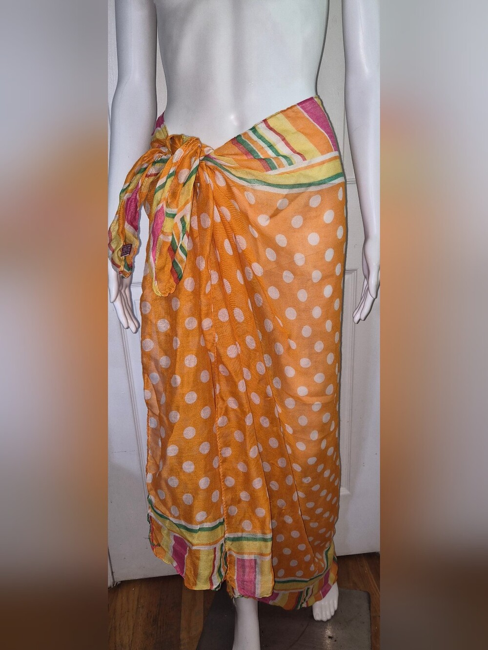Gottex Luxury Orange Polka Dot Striped Border Cotton Beach Pareo Sarong